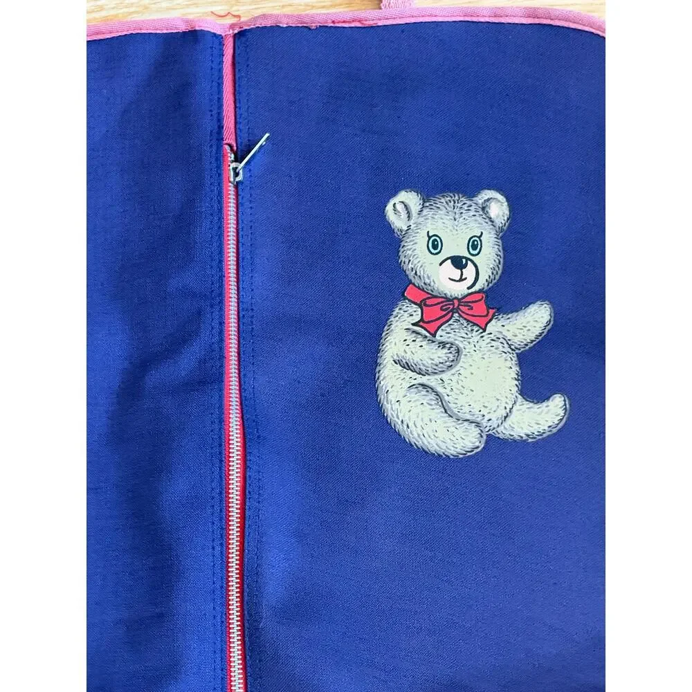 Vintage 1970s Garment Bag for Children Teddy Bear Canvas Outer Vinyl Lined